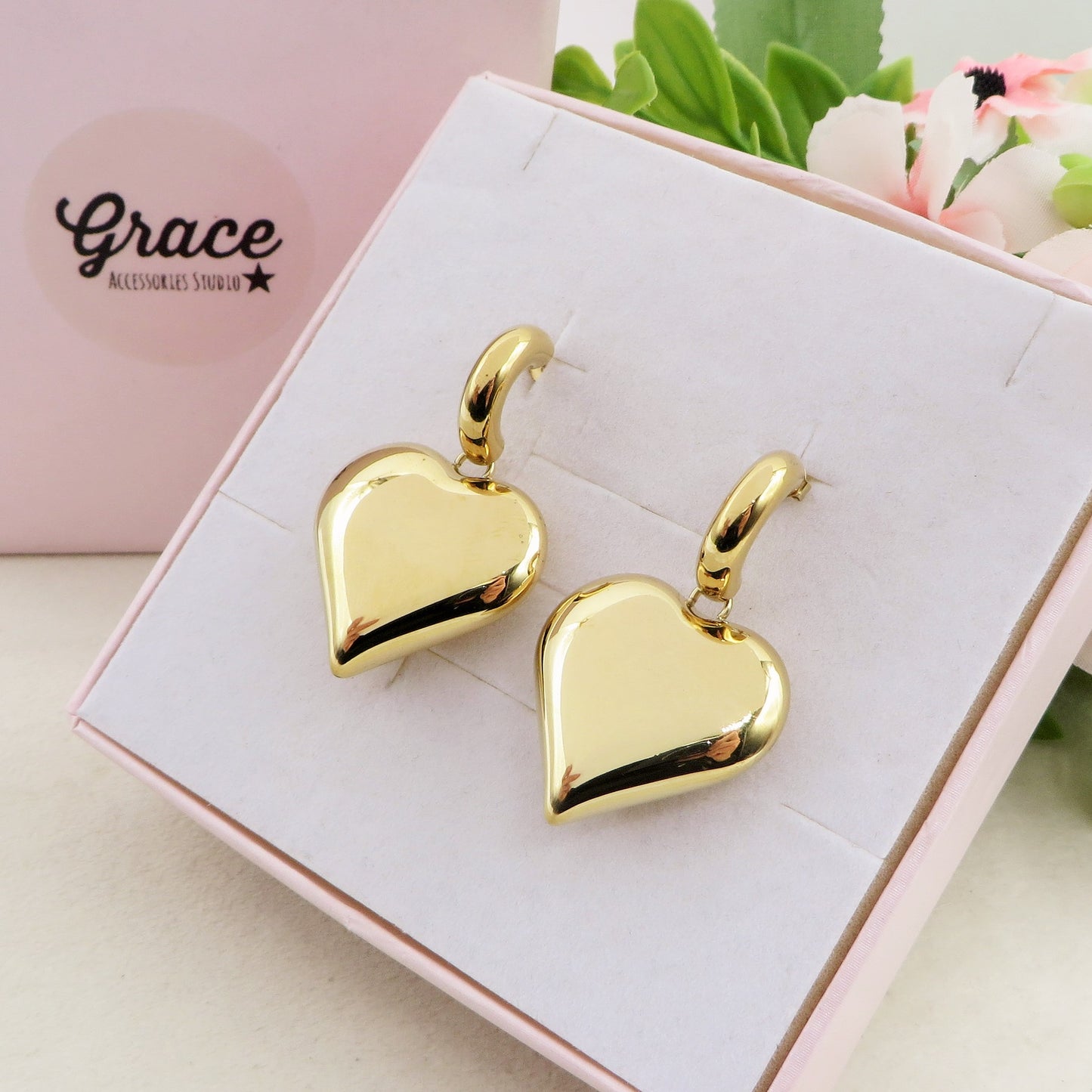 LOVE BOMB NEW STYLE ~ paio orecchini pendenti ACCIAIO INOSSIDABILE maxi cuore bombè