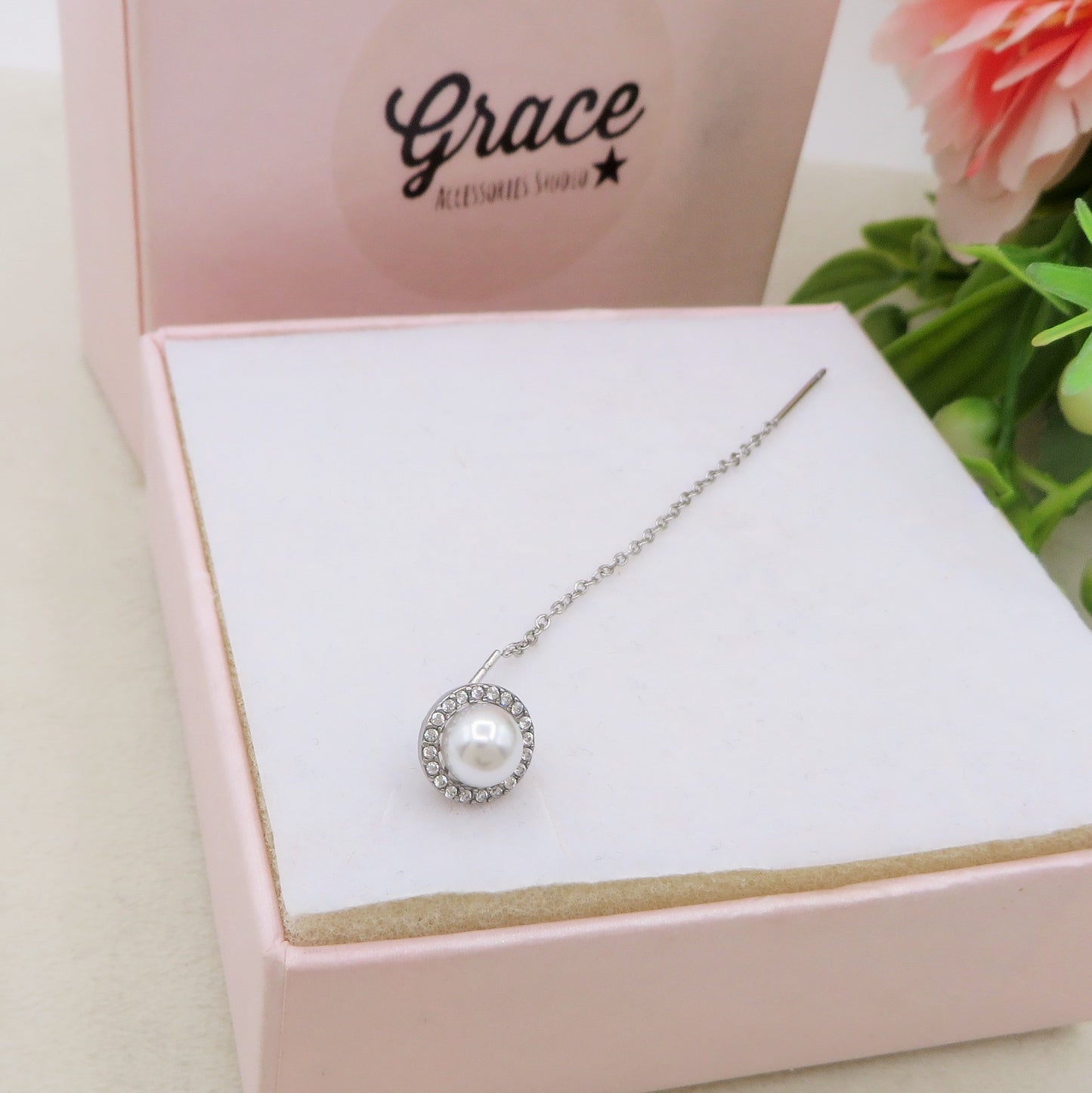 SHINY PEARL - ARGENTO 925 ~ Orecchino filo pendente con perla - saliscendi