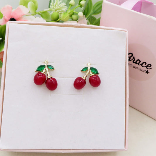 CHERRIES STUDS ~ Orecchini Ciliegie a lobo + cubic zirconia