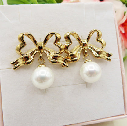 Royal Ribbon 🎀  Orecchini Pendenti ~ paio orecchini ACCIAIO INOSSIDABILE Perla + fiocco