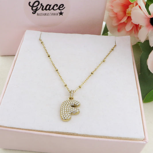 BUBBLE INITIAL ACCIAIO INOSSIDABILE ~ Collana iniziale bombata zirconata bubble + catena rosario