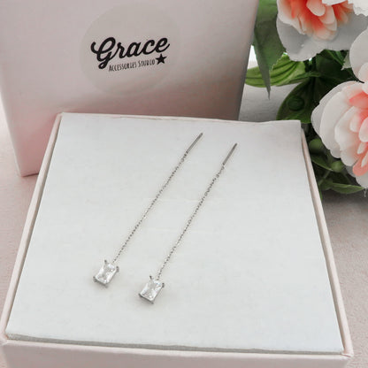 NATALIE Saliscendi - ARGENTO 925 ~ Paia Orecchini filo pendente con cubic zirconia taglio baguette - saliscendi