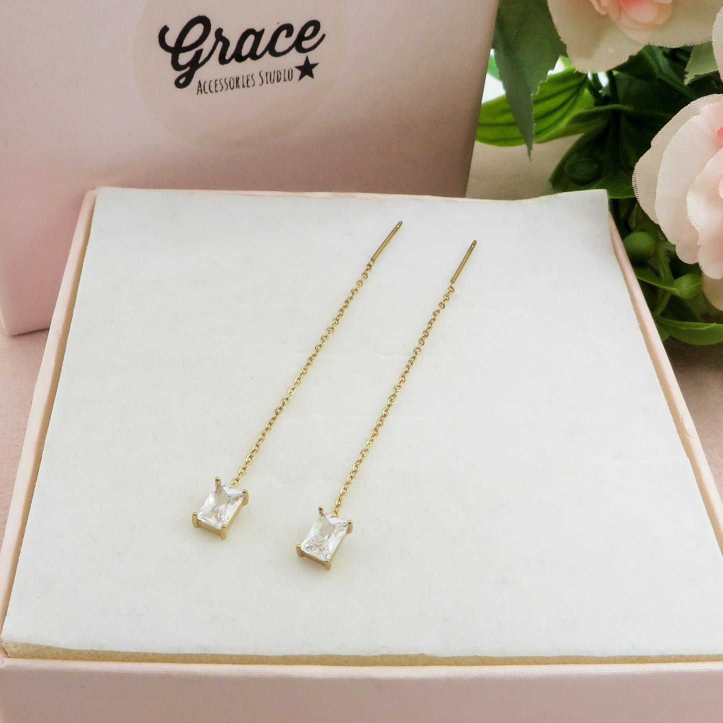 NATALIE Saliscendi - ARGENTO 925 ~ Paia Orecchini filo pendente con cubic zirconia taglio baguette - saliscendi