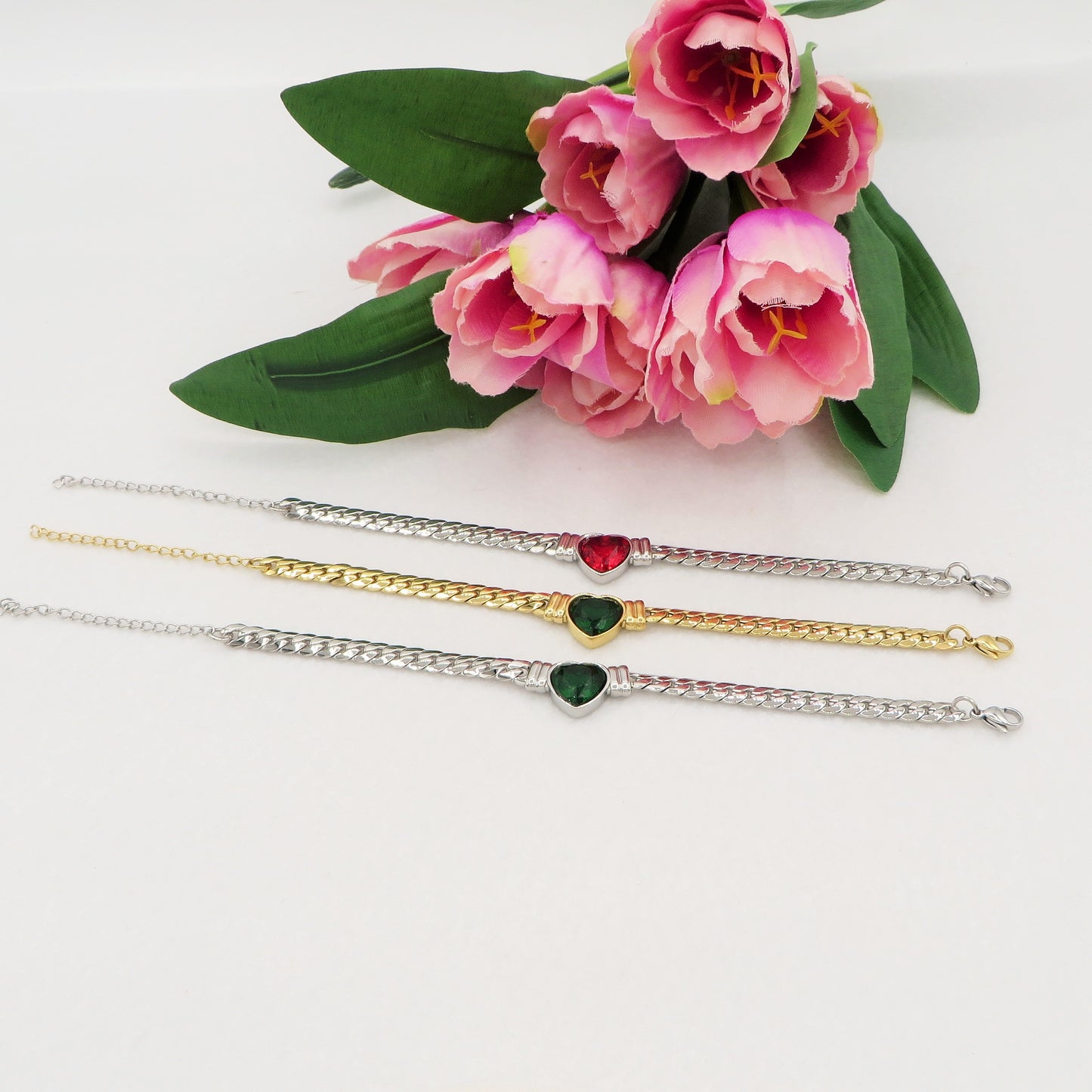 NOVA Colours ~ Bracciale ACCIAIO INOSSIDABILE catena groumette e cuore