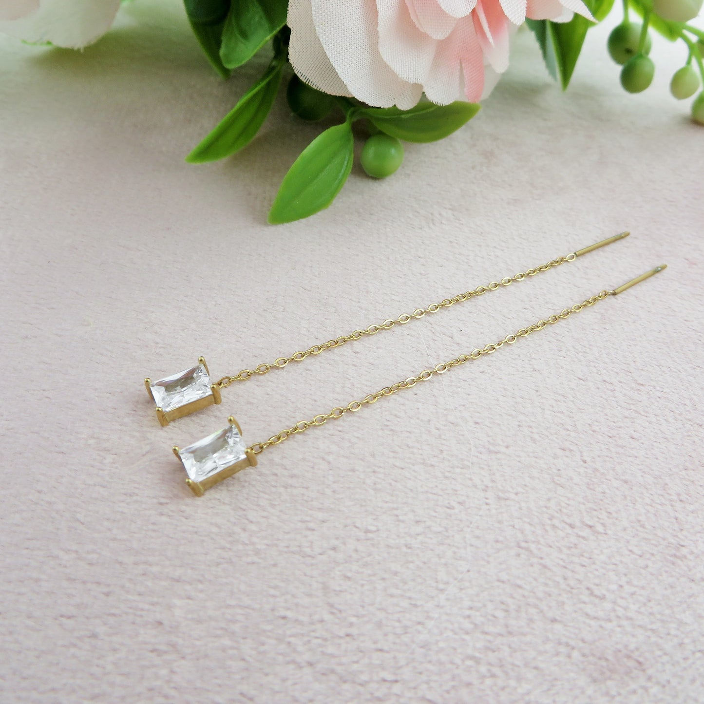 NATALIE Saliscendi - ARGENTO 925 ~ Paia Orecchini filo pendente con cubic zirconia taglio baguette - saliscendi