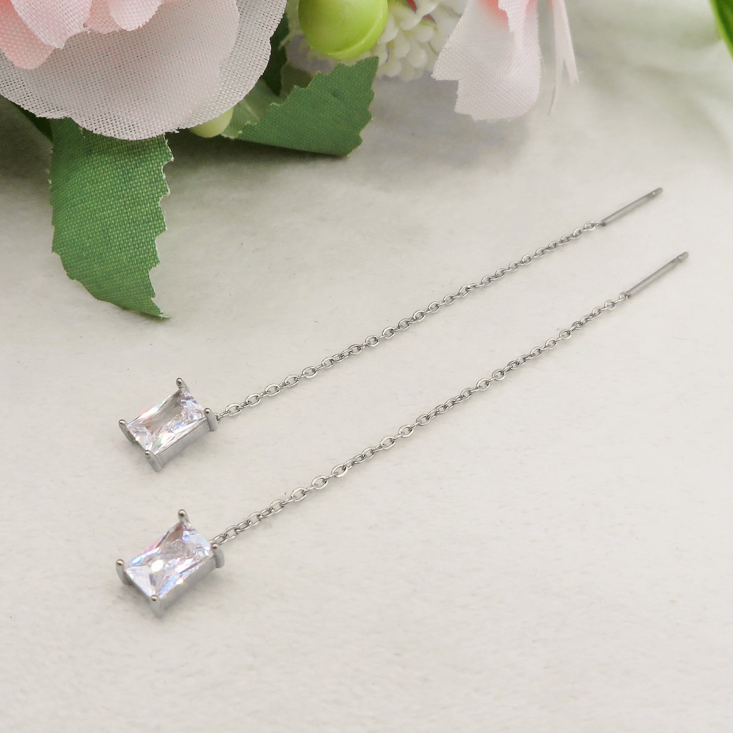 NATALIE Saliscendi - ARGENTO 925 ~ Paia Orecchini filo pendente con cubic zirconia taglio baguette - saliscendi