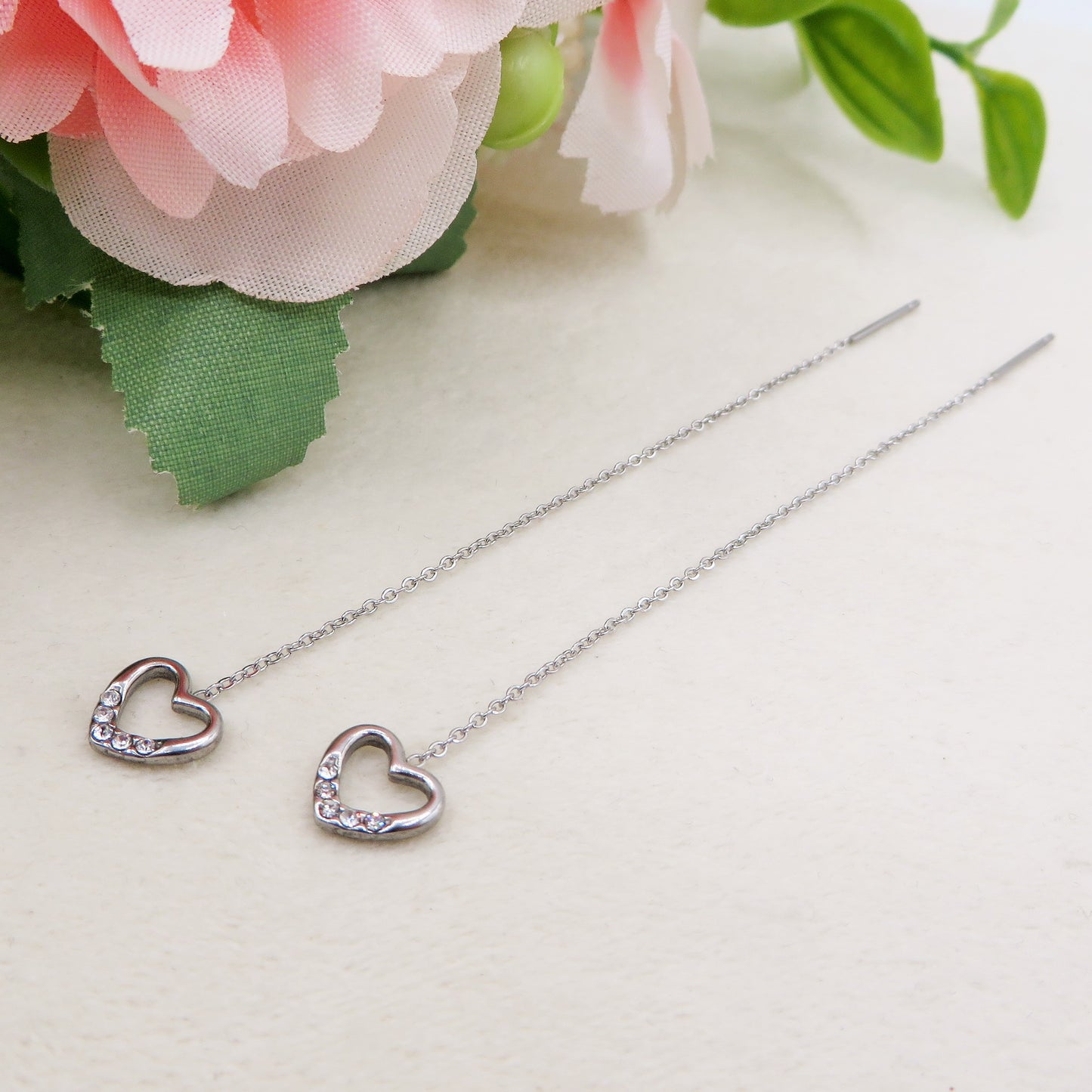 JOLIE Saliscendi - ARGENTO 925 ~ Paia Orecchini filo pendente con cubic zirconia a cuore - saliscendi