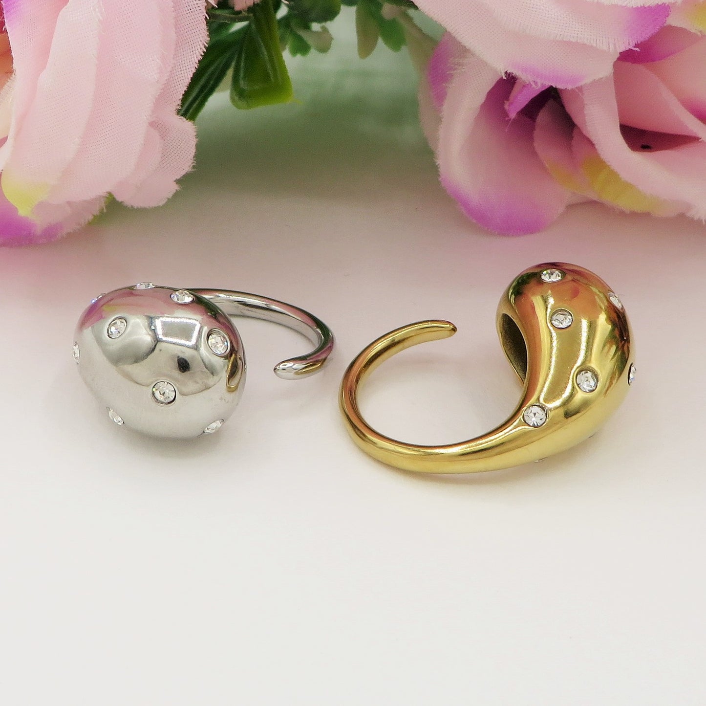 DROP Crystal ~ Anello regolabile in ACCIAIO INOSSIDABILE con cubic zirconia