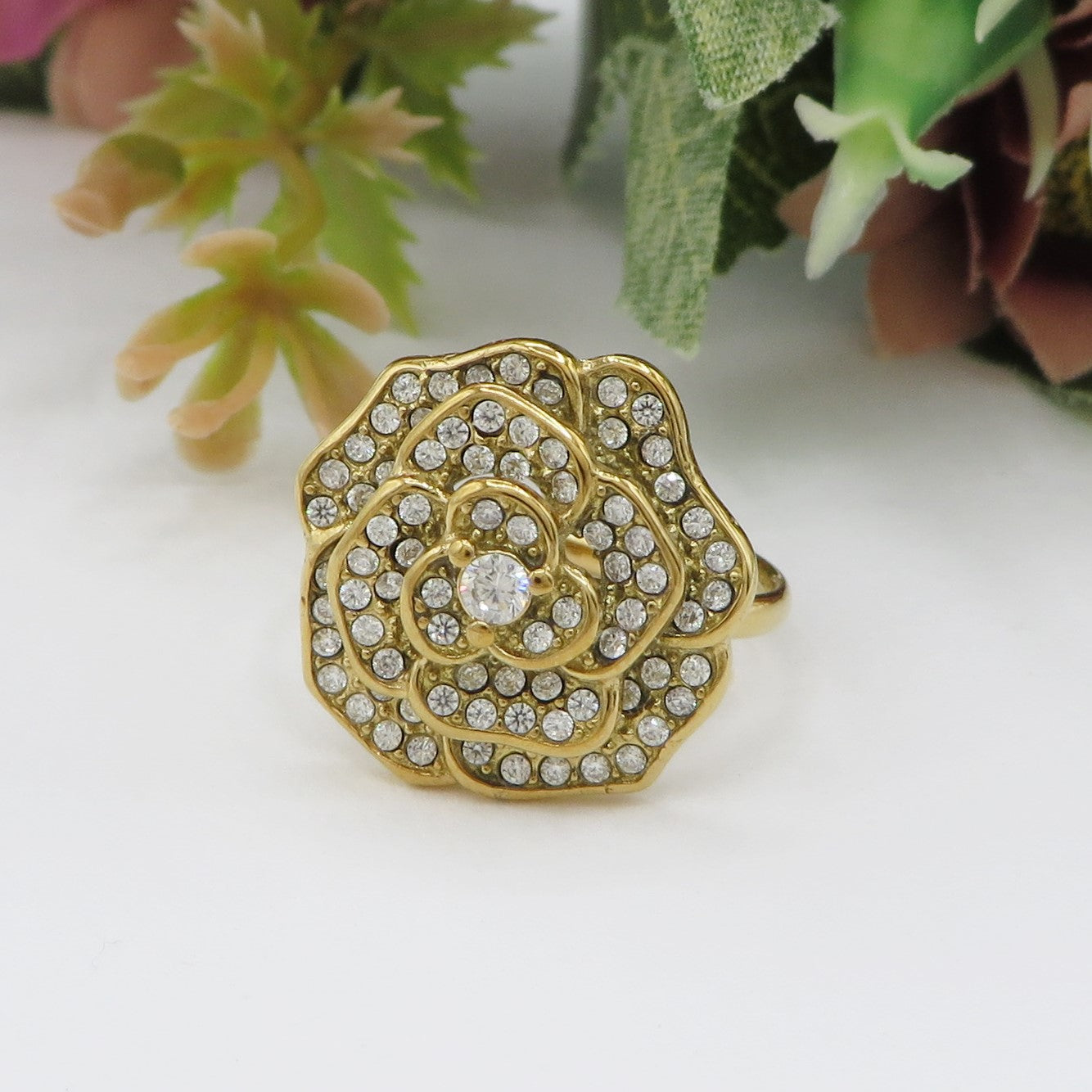 CAMELIA ~ ACCIAIO INOSSIDAILE~ Anello fiore zirconato in cubic zirconia