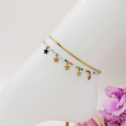 ZANTE stars ~ Cavigliera doppia in ACCIAIO INOSSIDABILE con perline e ciondoli