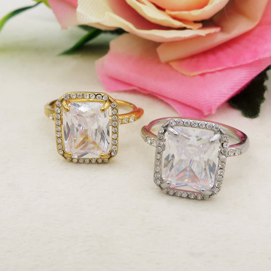 KALILA - Anello regolabile in ACCIAIO inossidabile con cubic zirconia taglio smeraldo