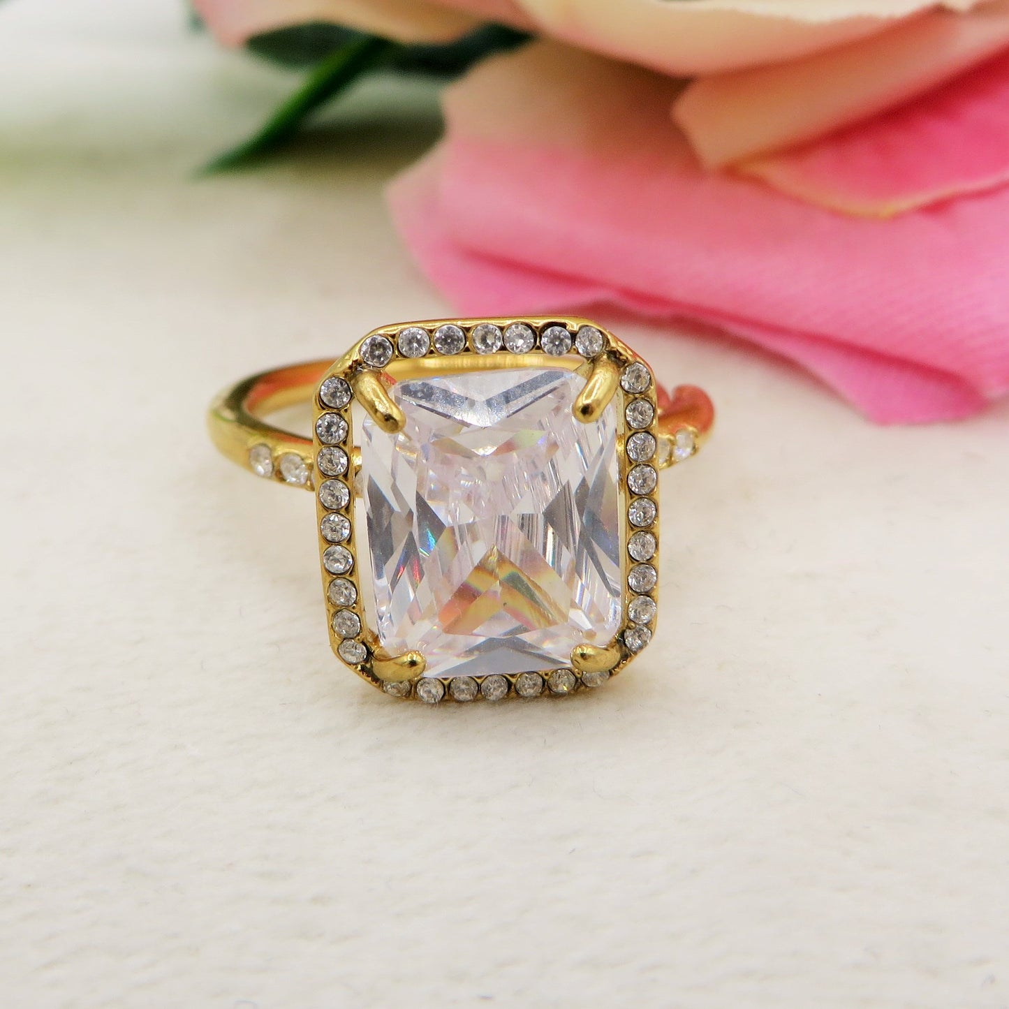 KALILA - Anello regolabile in ACCIAIO inossidabile con cubic zirconia taglio smeraldo