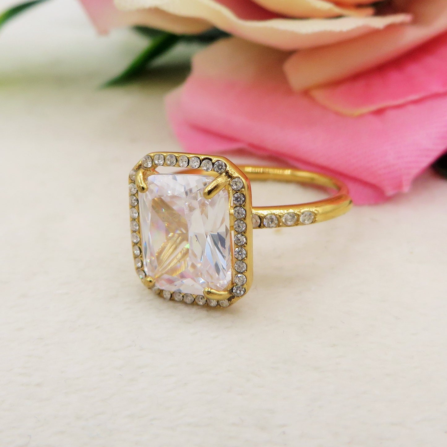 KALILA - Anello regolabile in ACCIAIO inossidabile con cubic zirconia taglio smeraldo