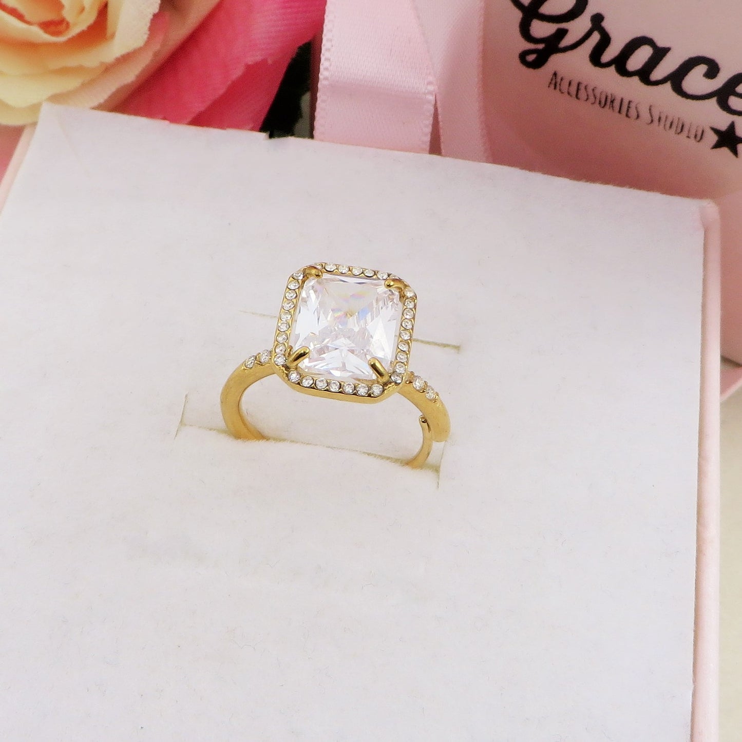 KALILA - Anello regolabile in ACCIAIO inossidabile con cubic zirconia taglio smeraldo