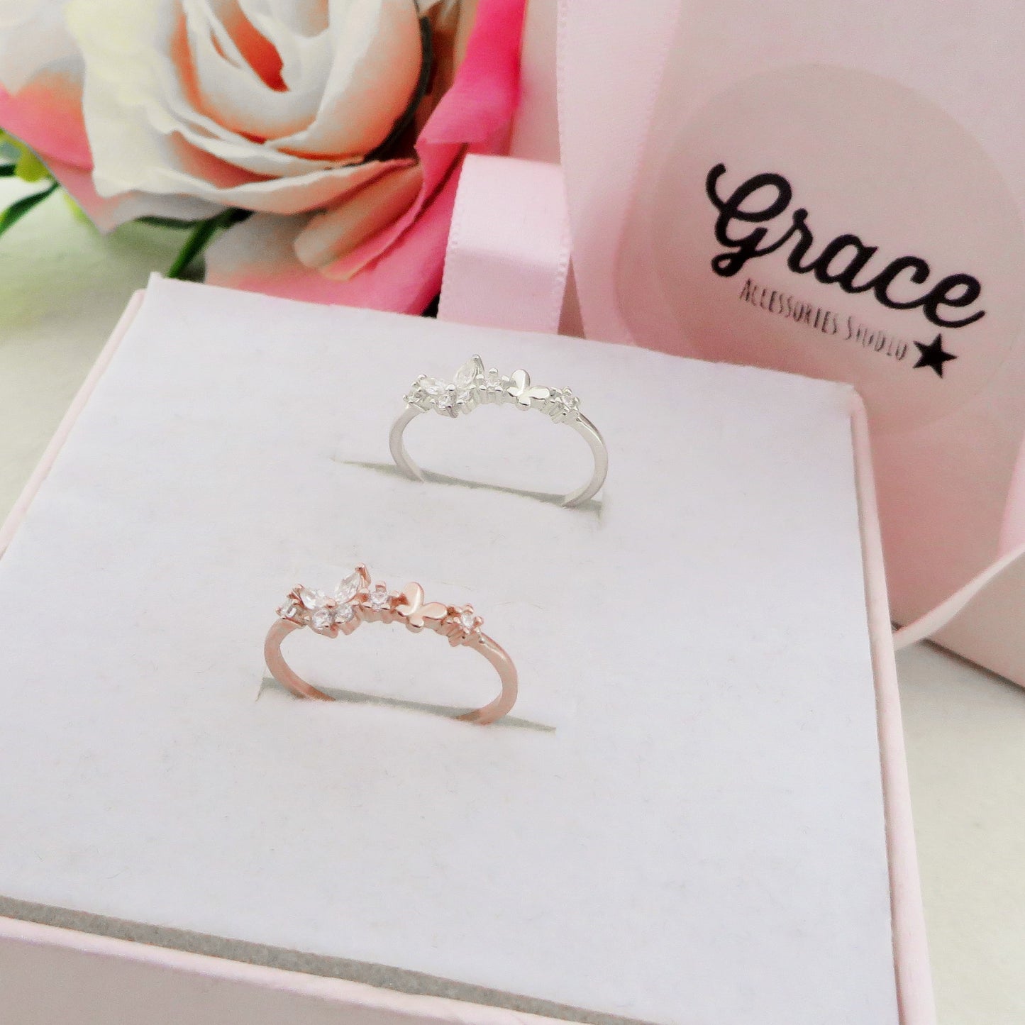 MARIPOSA - ARGENTO 925 ~ Anello regolabile con farfalla in cubic zirconia