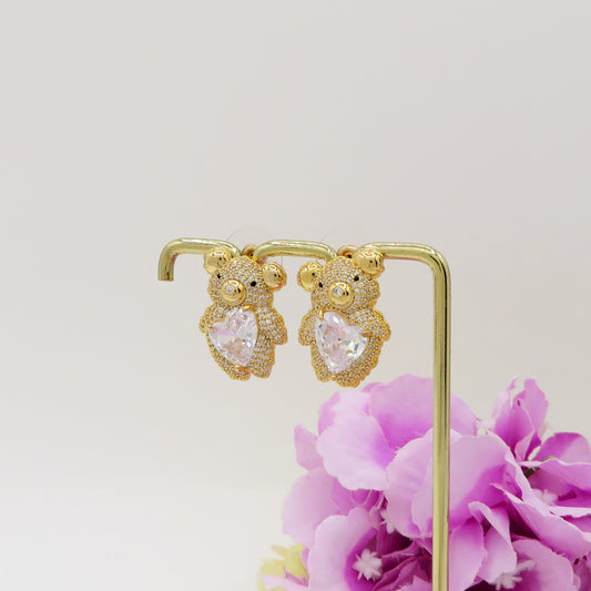 KOKO ~ orecchini bottone orsetto cuore con cubic zirconia