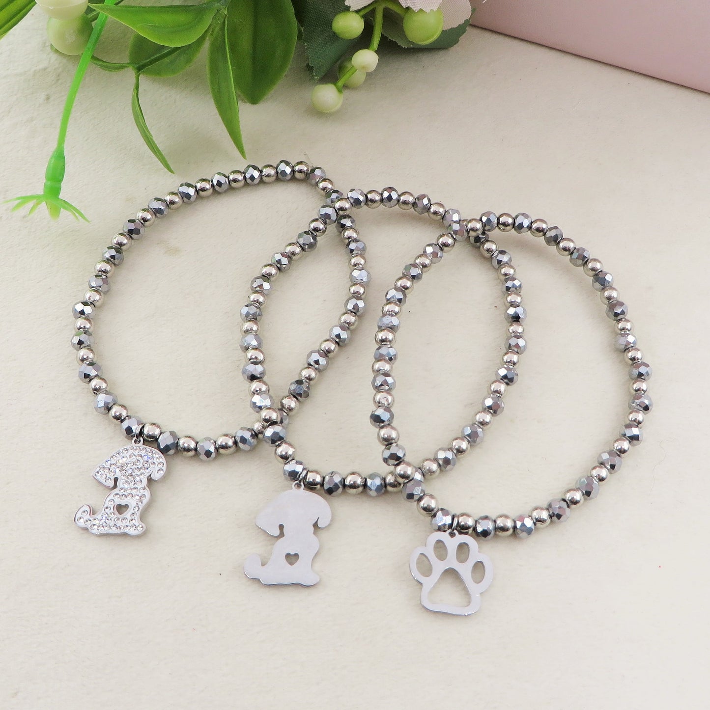 BEST FRIEND SET 3 BRACCIALI ~ ACCIAIO INOSSIDABILE-  Bracciali elastici con ciondolo cane, zampa e CUBIC ZIRCONIA