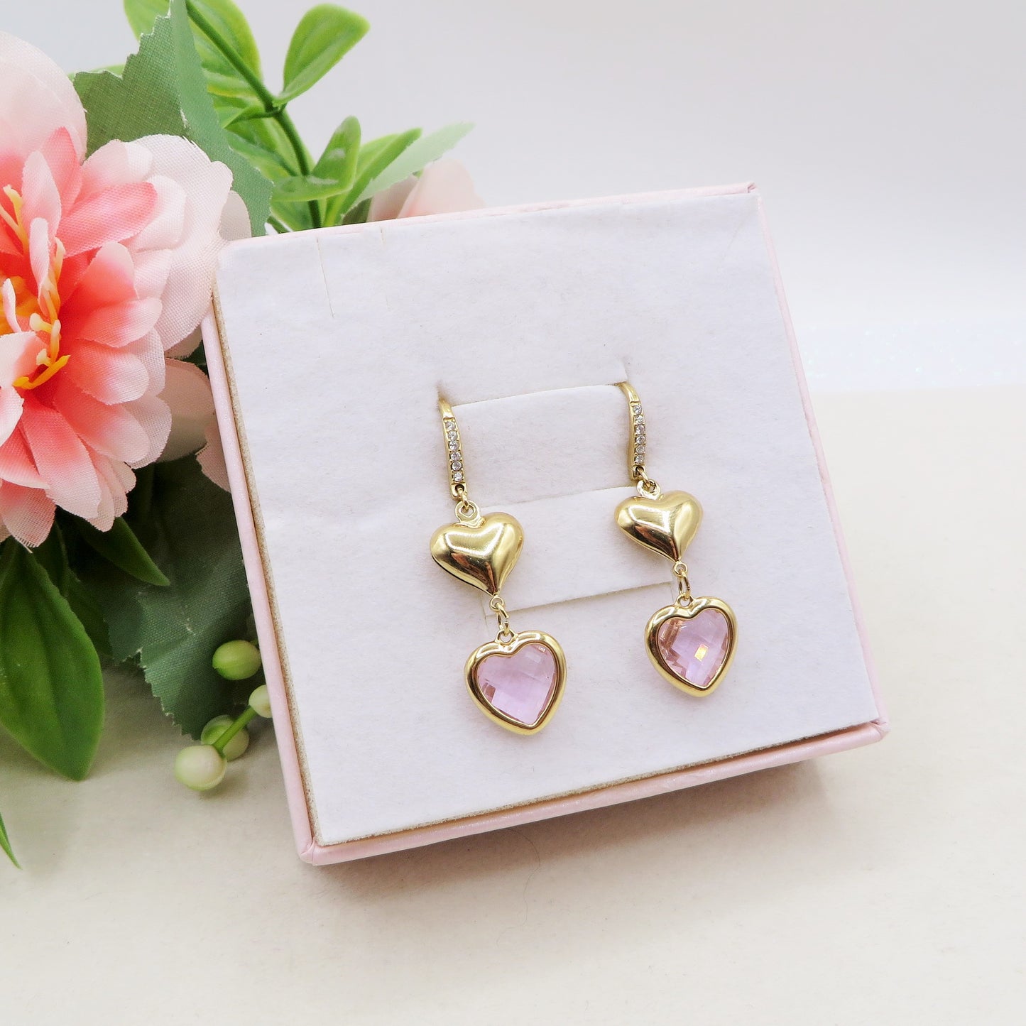 ROSALIE Paio orecchini monachella con cuori bombè e in cubic zirconia IN ACCIAIO INOSSIDABILE