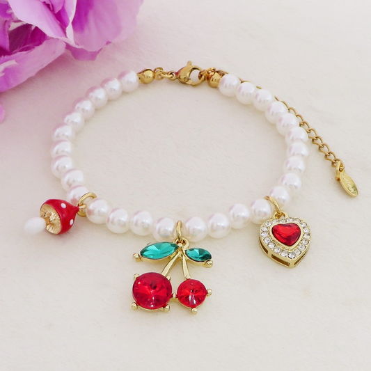 CHERRY HEART - ACCIAIO inossidabile - Bracciale perle e charms ciliegie - cuore - mix zirconati
