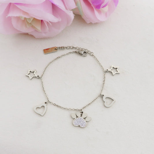 TARA ~ Bracciale in ACCIAIO inossidabile con pendenti ZAMPA cuori e stelle in cubic zirconia (copia)