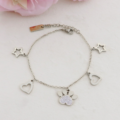 TARA ~ Bracciale in ACCIAIO inossidabile con pendenti ZAMPA cuori e stelle in cubic zirconia (copia)