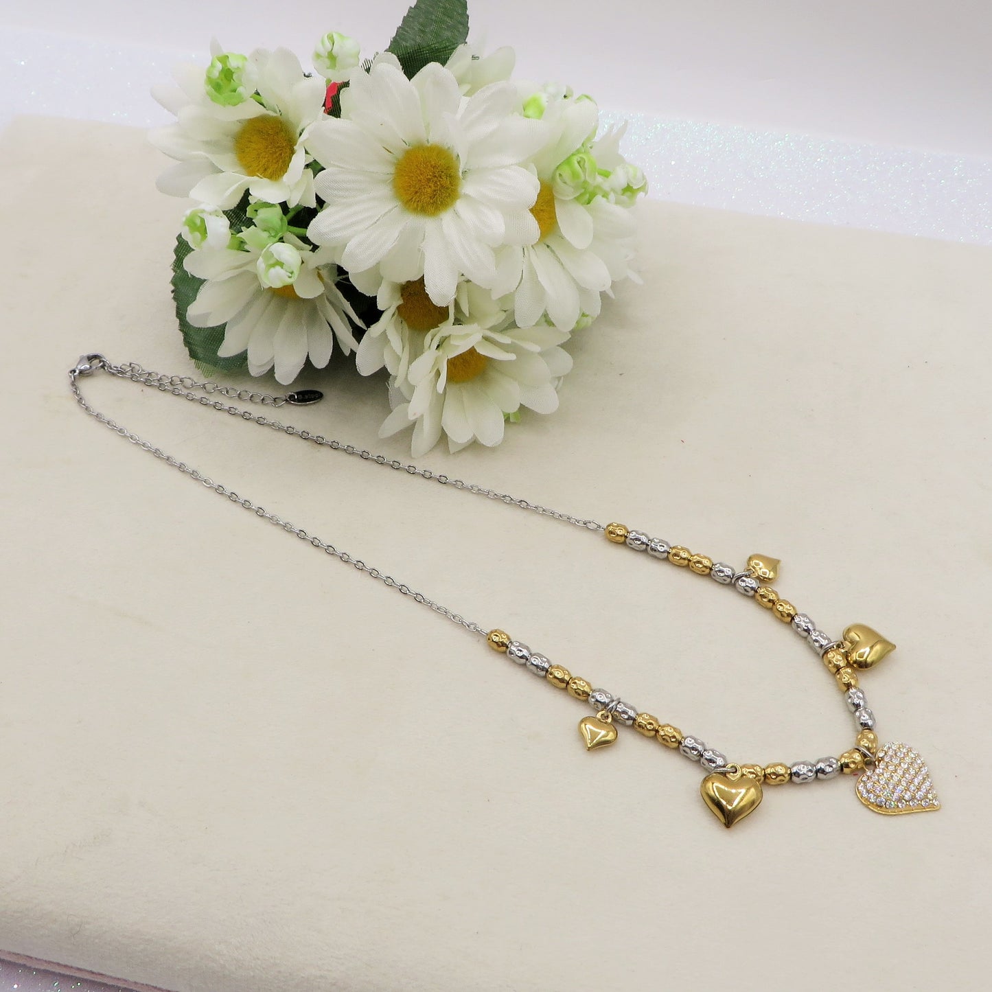 Lumière - Collana girocollo con cuori bombè in cubic zirconia IN ACCIAIO INOSSIDABILE chiamangeli