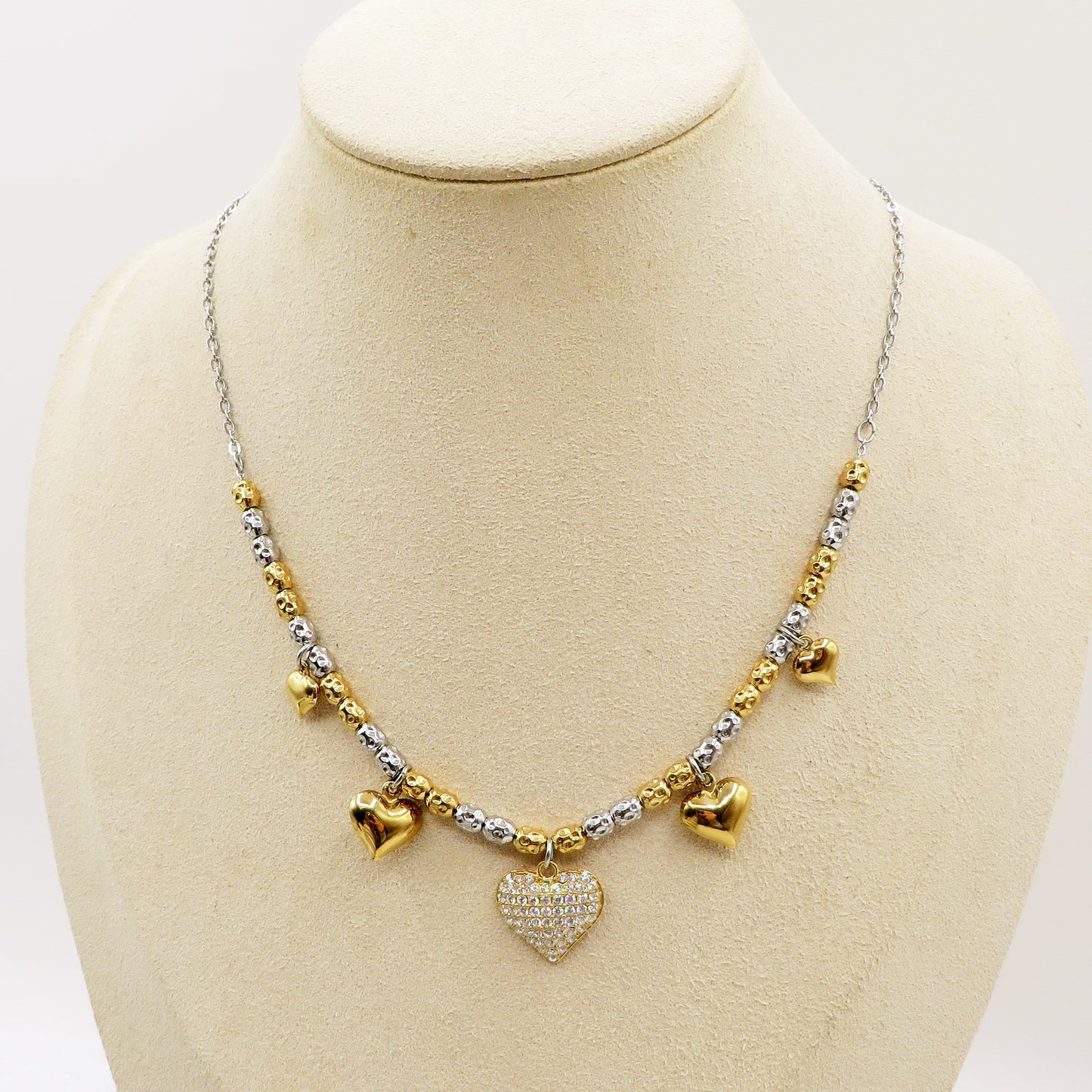 Lumière - Collana girocollo con cuori bombè in cubic zirconia IN ACCIAIO INOSSIDABILE chiamangeli