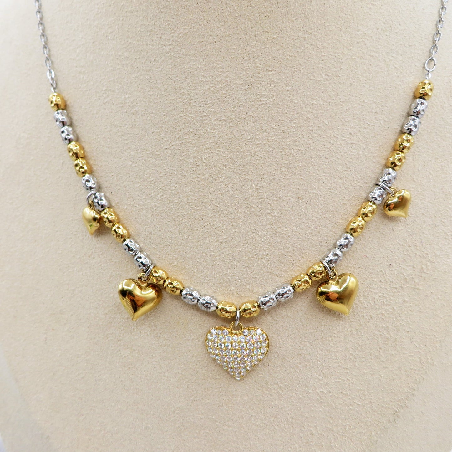 Lumière - Collana girocollo con cuori bombè in cubic zirconia IN ACCIAIO INOSSIDABILE chiamangeli