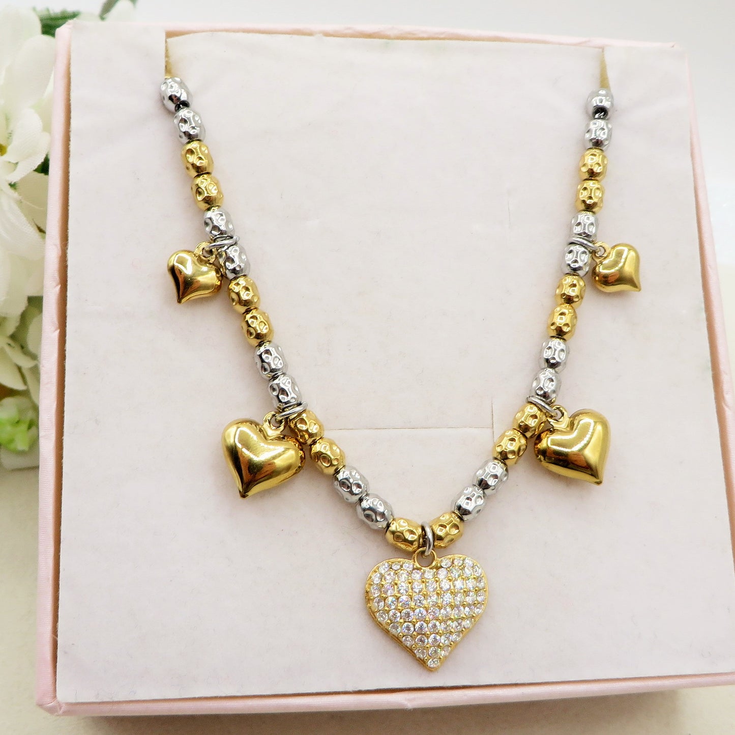 Lumière - Collana girocollo con cuori bombè in cubic zirconia IN ACCIAIO INOSSIDABILE chiamangeli