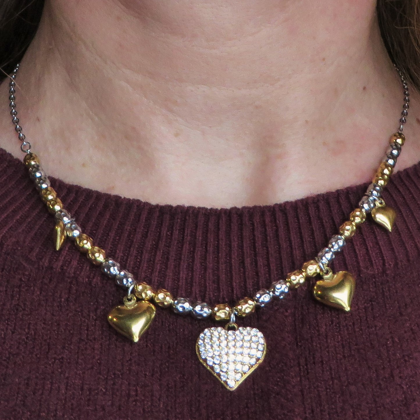 Lumière - Collana girocollo con cuori bombè in cubic zirconia IN ACCIAIO INOSSIDABILE chiamangeli