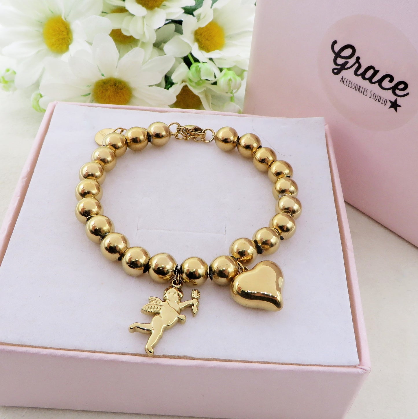 JOSIE CUPID chiama angeli Bracciale  ~ Bracciale in ACCIAIO INOSSIDABILE con cuore bombè