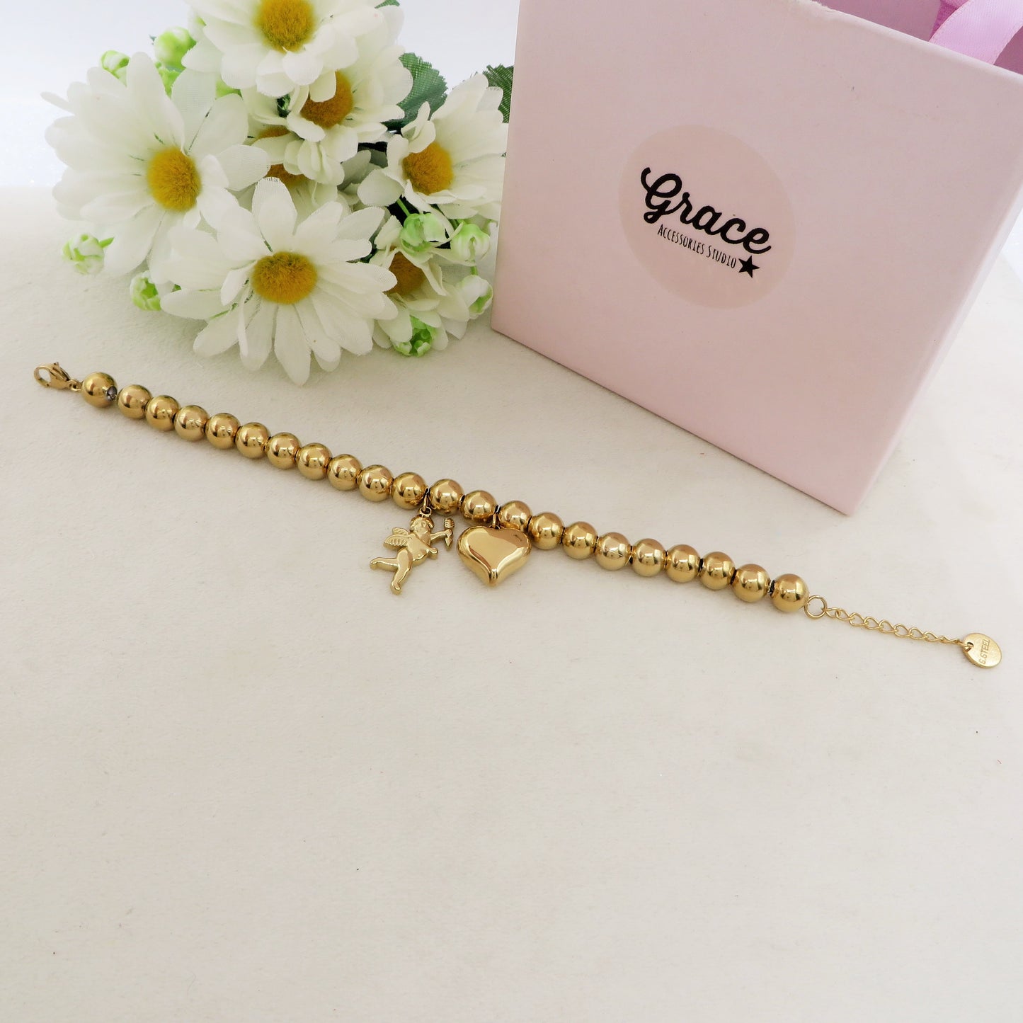 JOSIE CUPID chiama angeli Bracciale  ~ Bracciale in ACCIAIO INOSSIDABILE con cuore bombè