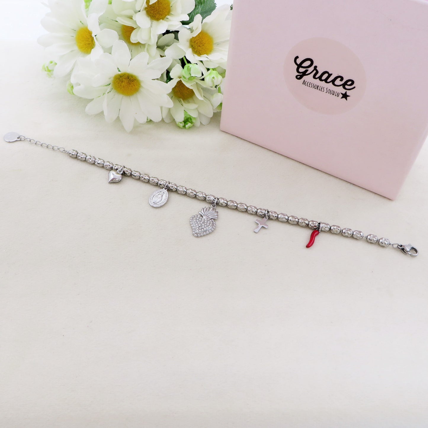 SACRED CRYSTAL - Bracciale con pendenti cuore sacro zirconati e lisci ACCIAIO INOSSIDABILE