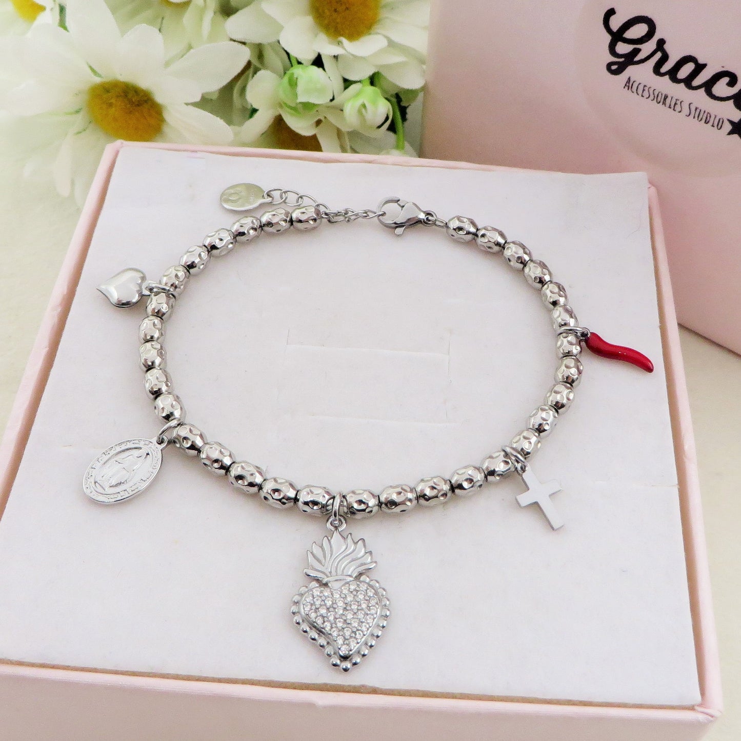 SACRED CRYSTAL - Bracciale con pendenti cuore sacro zirconati e lisci ACCIAIO INOSSIDABILE