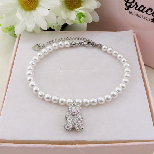 TEDDY CRYSTAL PEARLS - Bracciale perle con orsetto zirconato