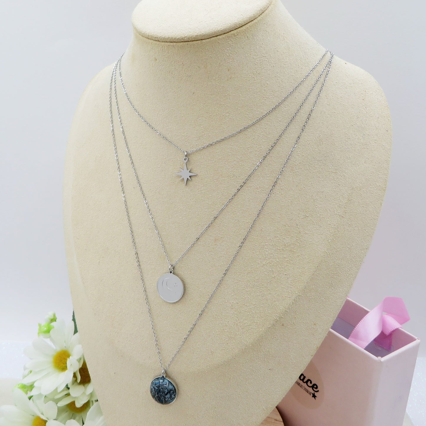COSMIA ~ 3 in 1 Collana in ACCIAIO INOSSIDABILE tripla con ciondoli luna stelle e diaspro