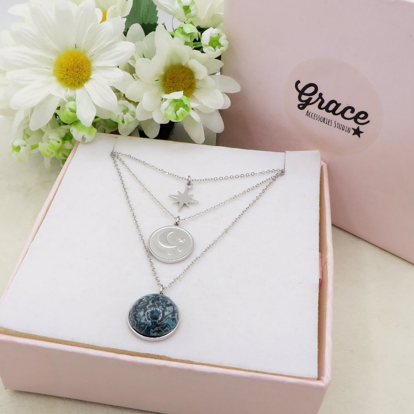 COSMIA ~ 3 in 1 Collana in ACCIAIO INOSSIDABILE tripla con ciondoli luna stelle e diaspro
