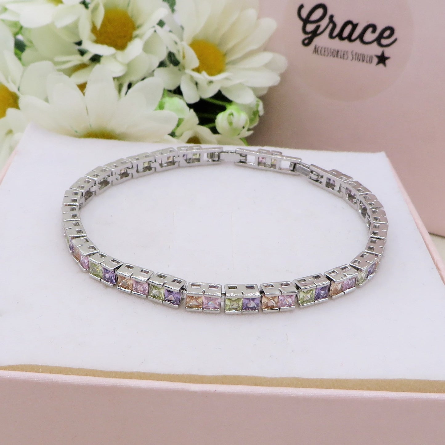 JULIANNE rainbow ~ ACCIAIO INOSSIDABILE- GIROCOLLO  e BRACCIALE a scelta CON ZIRCONI taglio BAGUETTE