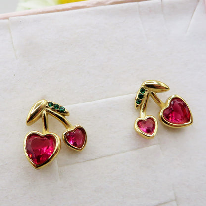 MINI CHERRIES HEART ~ Orecchini Ciliegie a cuore lobo in ACCIAIO inossidabile + cubic zirconia