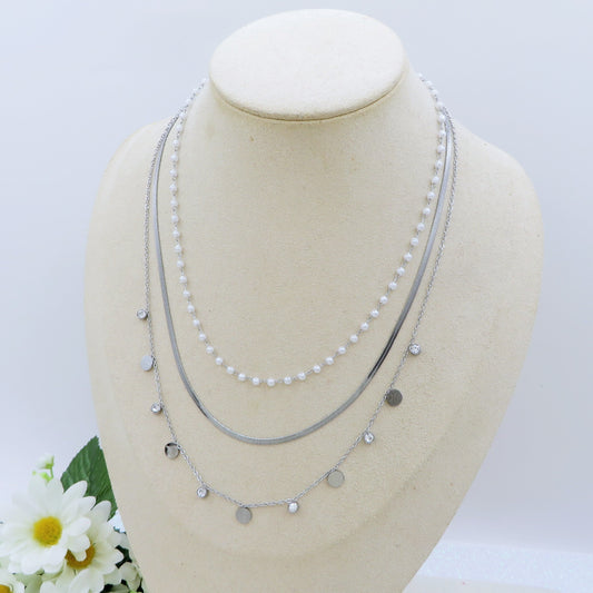 MADELINE ~ 3 in 1 Collana in ACCIAIO INOSSIDABILE tripla con perle e punti luce