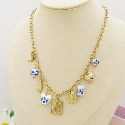 VENERE  Collana con charms fiori Majolica vintage, luna e stelle - ACCIAIO INOSSIDABILE