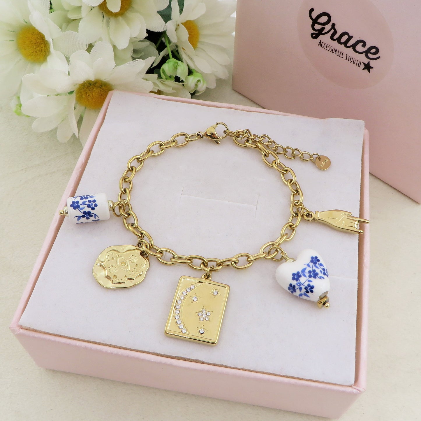 VENERE  Bracciale con charms fiori Majolica vintage, luna e stelle - ACCIAIO INOSSIDABILE (Copia)