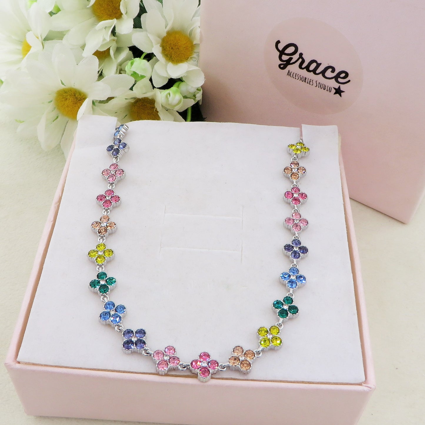 CASSIA~ACCIAIO INOSSIDABILE - Collana tennis quadrifogli RAINBOW con cubic zirconia
