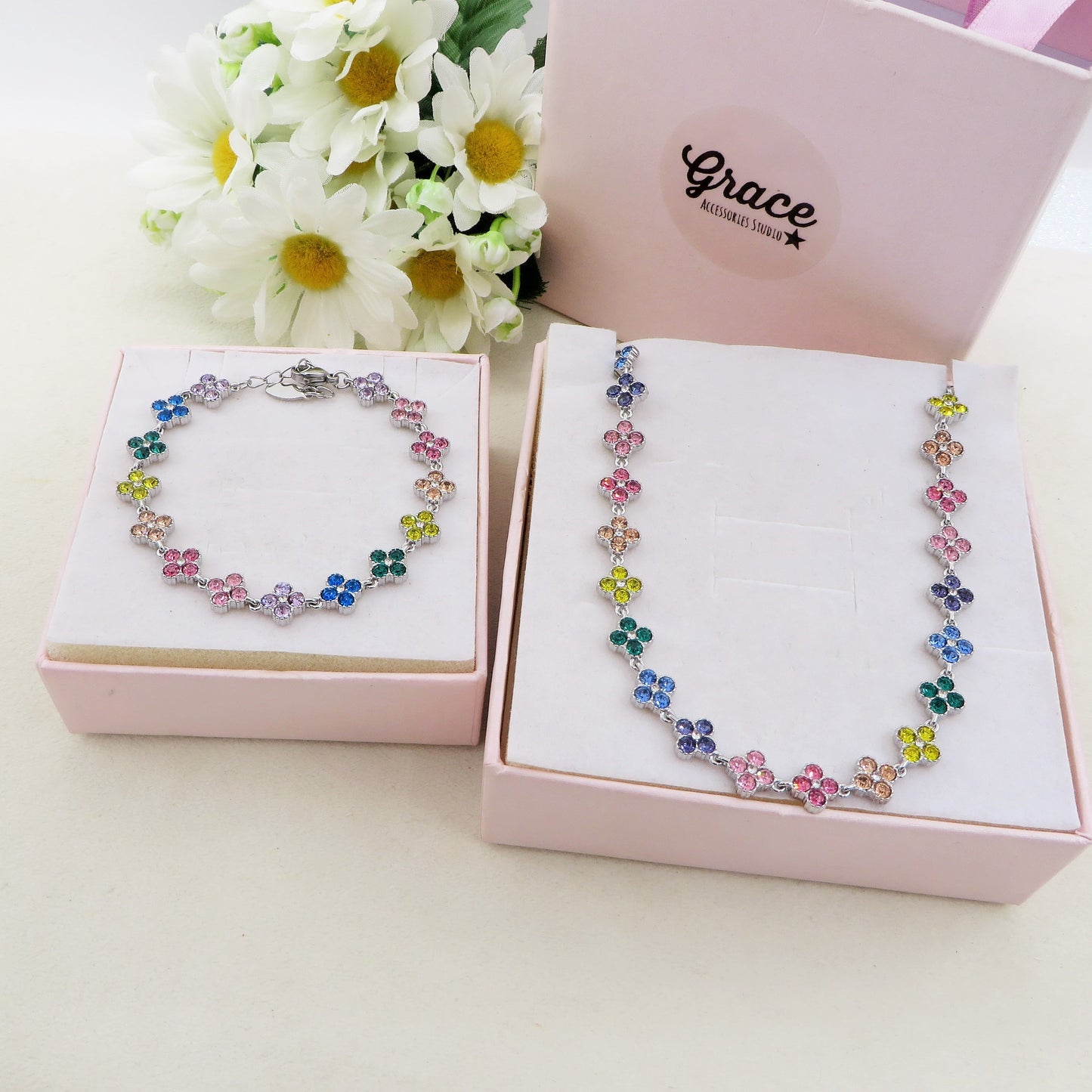CASSIA~ACCIAIO INOSSIDABILE - Collana tennis quadrifogli RAINBOW con cubic zirconia