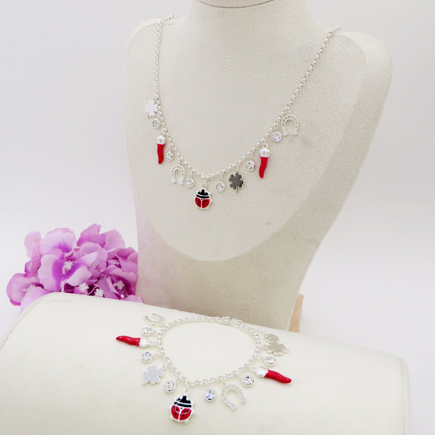 GOOD LUCK Collana bagnato ARGENTO ~ in ACCIAIO INOSSIDABILE con charms portafortuna