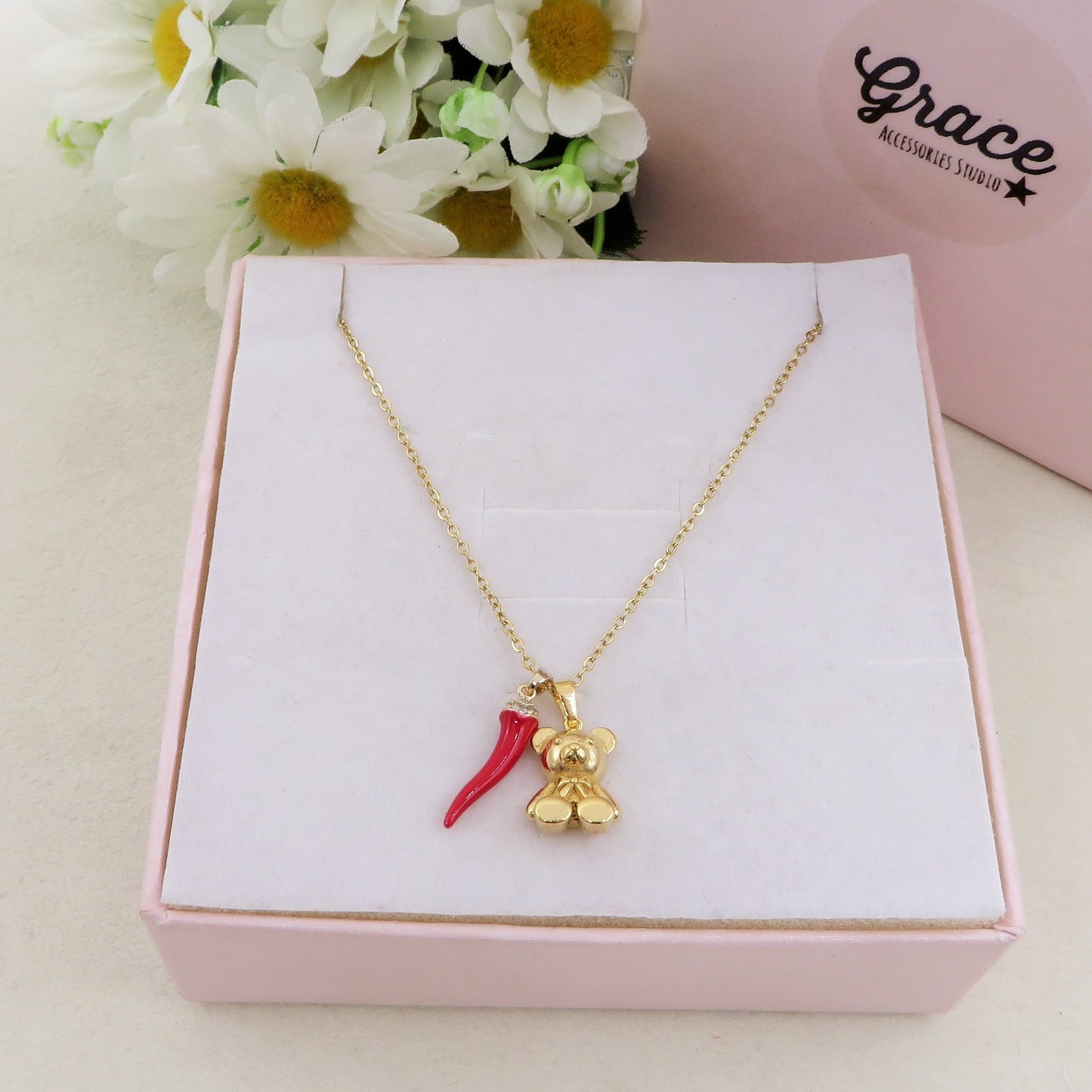 FORTUNE TEDDY - Collana teddy pendente orsetto in Acciaio inossidabile + cornetto portafortuna