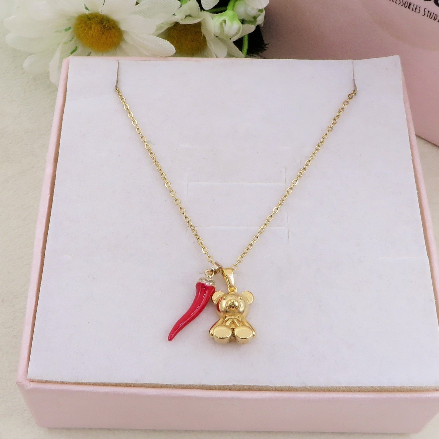 FORTUNE TEDDY - Collana teddy pendente orsetto in Acciaio inossidabile + cornetto portafortuna