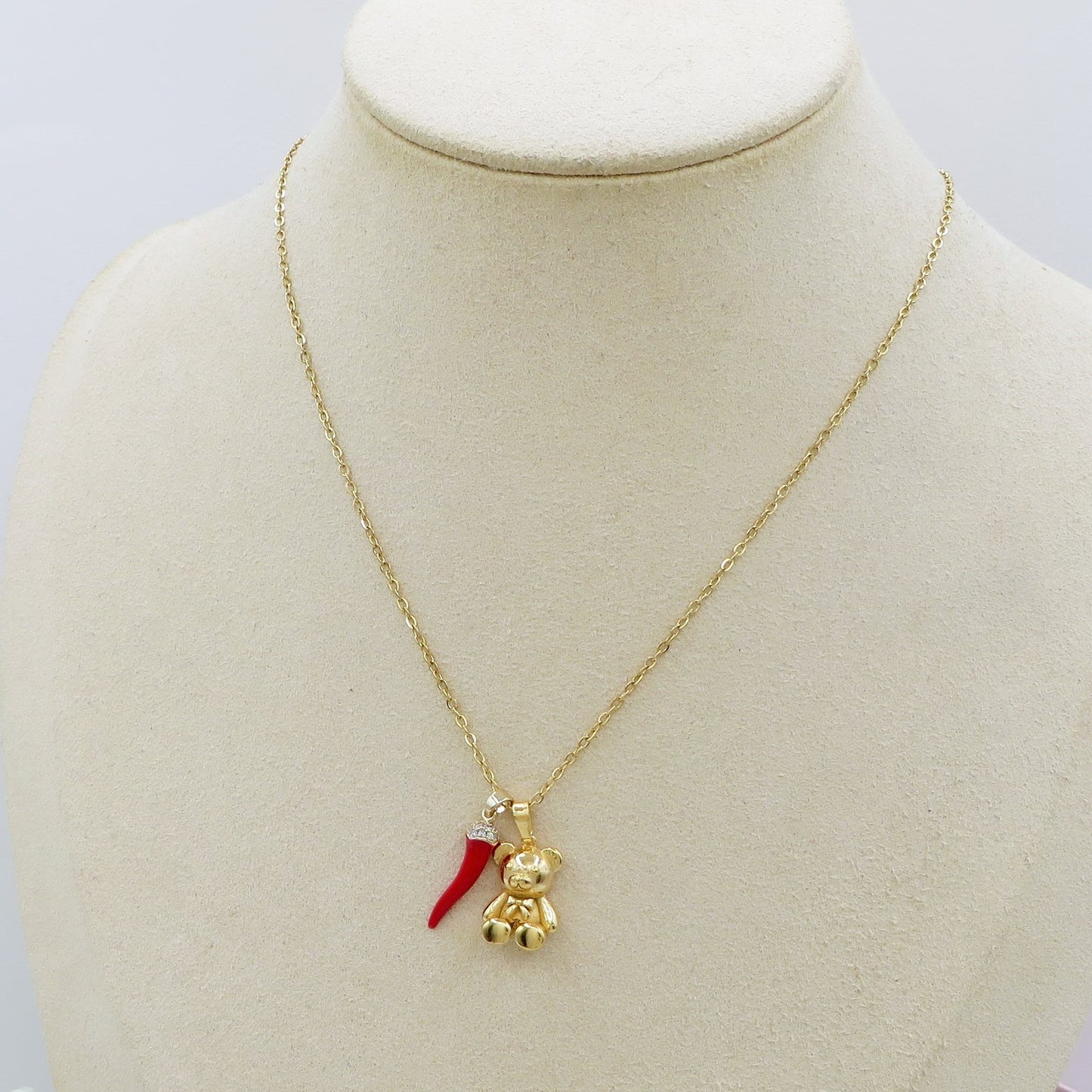 FORTUNE TEDDY - Collana teddy pendente orsetto in Acciaio inossidabile + cornetto portafortuna