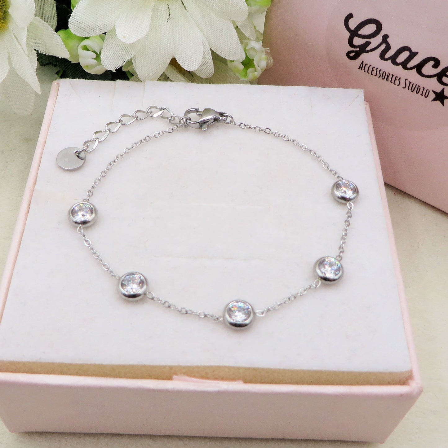 HEATHER ~ ACCIAIO INOSSIDABILE - bracciale con punti luce in Cubic Zirconia rotondi