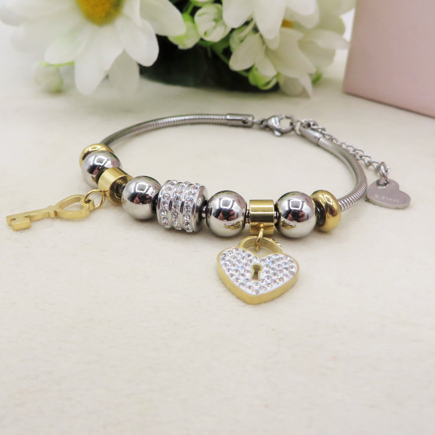 FOREVER LOVE ~ ACCIAIO INOSSIDABILE - bracciale con cuore lucchetto charms in Cubic Zirconia rotondi